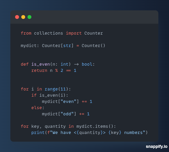 uriyyo's tweet photo. @guilatrova We can use collections.Counter here cause it's designed to count things https://t.co/R0GdjxOExK
