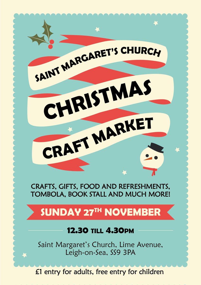 RoryWindass's tweet photo. Tomorrow from 12:30-4:30pm is the Christmas Craft Market at St. Margaret's, Leigh. Looking to be a great event with lots of interesting stalls. If you're in the area go and have a look! #christmas #leighonsea #essex #Weekend #artsandcrafts @LeighTCEvents https://t.co/GFQiMGJhRT