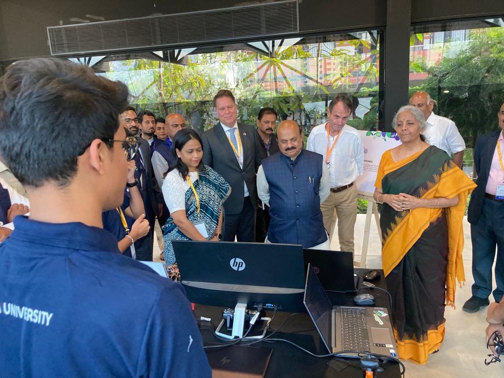 nsitharamanoffc's tweet photo. Smt @nsitharaman visits project demo stalls and interacts with students after inaugurating Atria University (Digital) Campus in Bengaluru, Karnataka. Also present on the occasion is Shri @BSBommai, Hon'ble Chief Minister of Karnataka. https://t.co/tybawXqRMV
