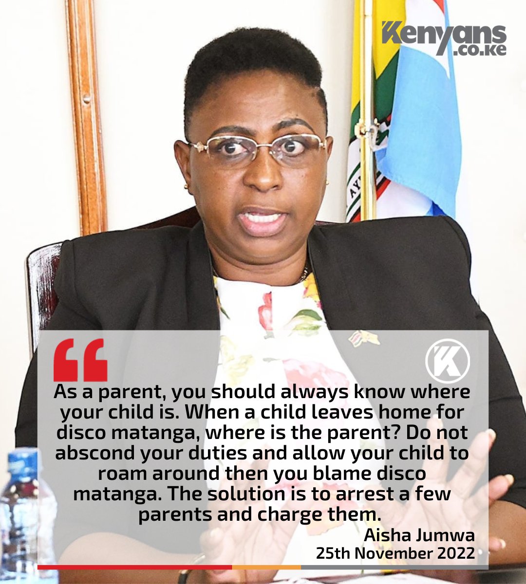Kenyans's tweet photo. We will arrest and charge the parents who abscond their duties and allow their children to go to disco matanga - CS Aisha Jumwa https://t.co/YAAkO83oGh