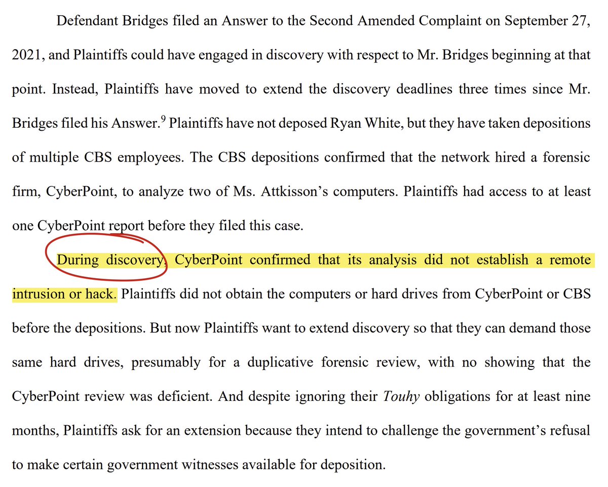 checkmatedone's tweet photo. 2/Also of note: In this 4th iteration of @SharylAttkisson's government spying &amp; intrusion lawsuit, the CyberPoint forensic analysis of her devices did not establish a remote intrusion or hack. https://t.co/Q6qzmNyRXC