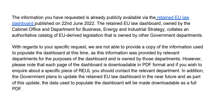 owenboswarva's tweet photo. Poor BEIS response to a request for data underlying the Retain EU Law dashboard https://t.co/YBYXGwzSAk + https://t.co/HRzro6JkM7 HT @peterkwells

The data obviously isn't "reasonably accessible" – and ownership is immaterial to whether information is "held" for purposes of #FOI. https://t.co/Ly7x3bWEdT