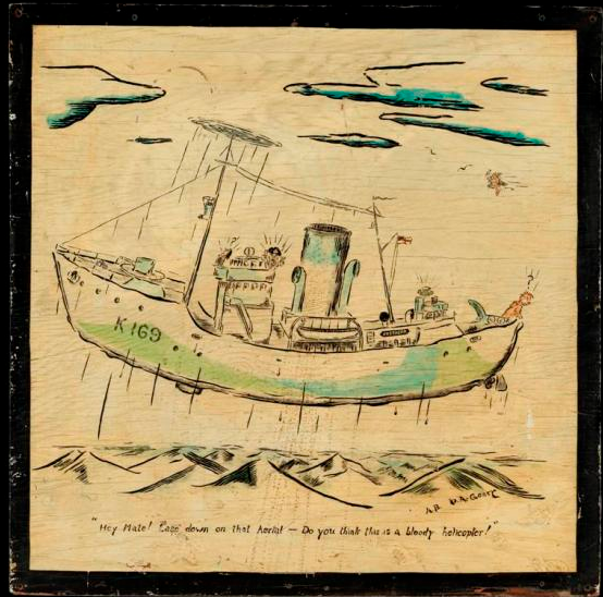 CanWarMuseum's tweet image. HMCS Rosthern Insignia
Painted by D.A. Geary 
Beaverbrook Collection of War Art
CWM 19850360-001

#HistoryWeek2022 #SecondWorldWar #CanadianHistory