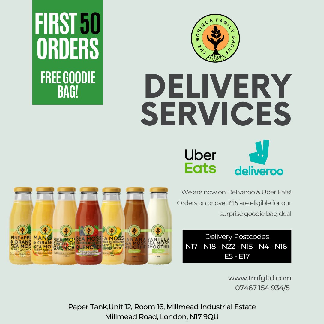 We are stoked to be able to offer a selection of our products on leading delivery platforms #Deliveroo and #UberEats. You will find a full selection of our Seamoss drinks and Gels available for delivery in selected Postcodes.
 #Moringa #wellness #goodhealth #health #seamoss