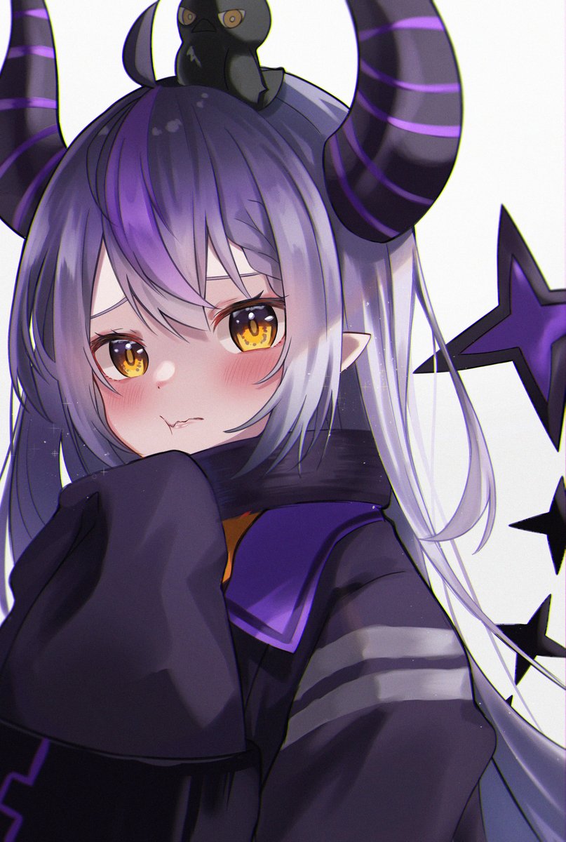 la+ darknesss 1girl horns on head purple hair animal on head sleeves past fingers blush  illustration images