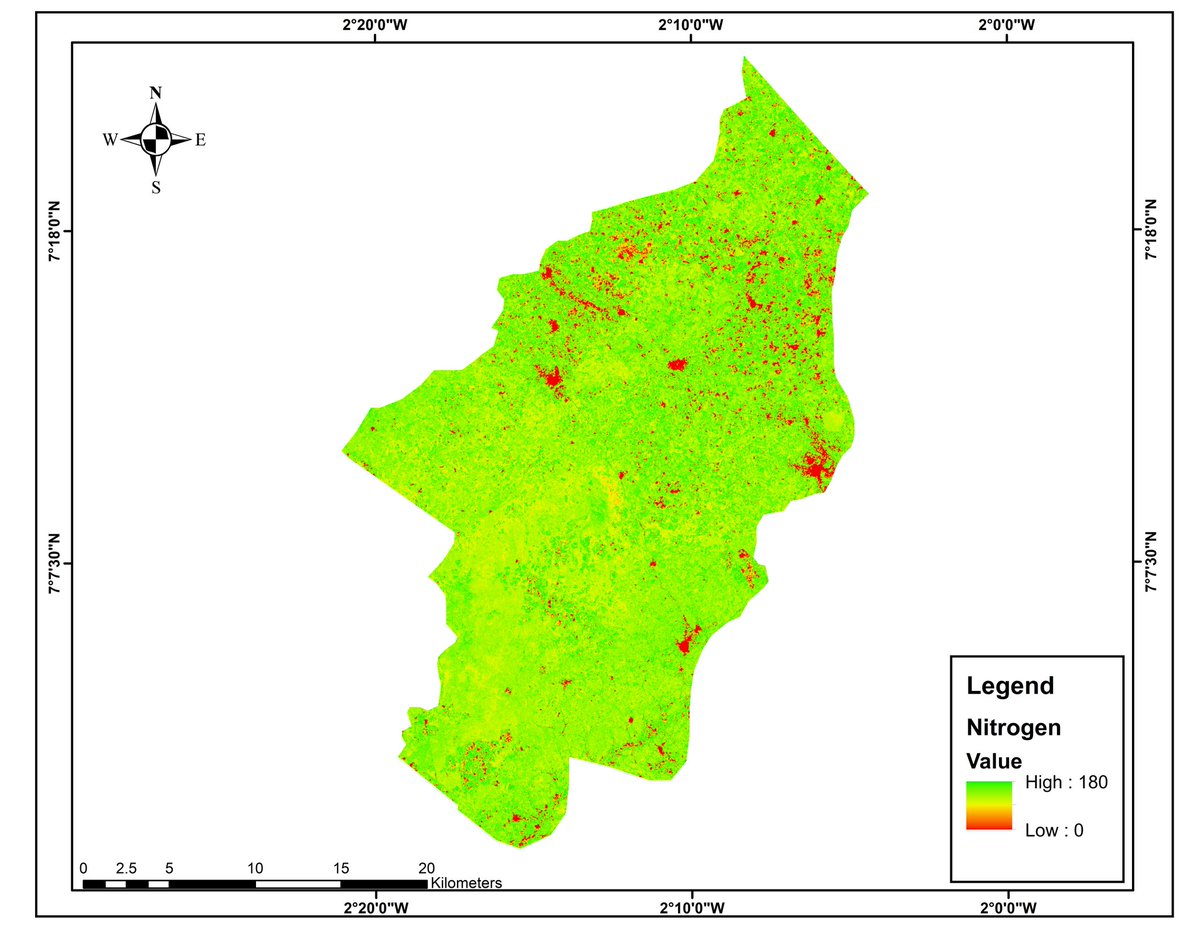 DGyile's tweet photo. Nitrogen mapping in tano North district. Green area show where there is nitrogen and the red show where nitrogen is absent. Nitrogen play a critical role in plants or crop growth. Management can make decisions out of this to know where to farm and where not to https://t.co/2Ag3tSLM6H