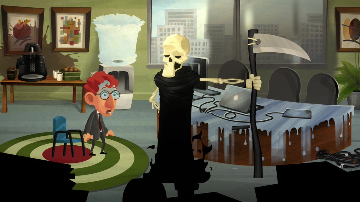 DeathCorpGame's tweet photo. Happy #screenshotsaturday! Death Corp is a 2D Point and Click Adventure game where you play as an intern for Death's company. Inspire by #TerryPratchett works and classic #pointandclick games like #DayoftheTentacle and #MonkeyIsland. Check out the demo on #Steam and #itch.io https://t.co/5JKIRGwXWZ