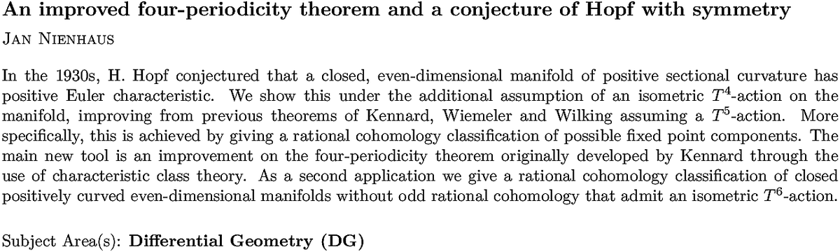 arxiv.org/abs/2211.13151…
J Nienhaus
An improved four-periodicity theorem and a conjecture of Hopf with
  symmetry