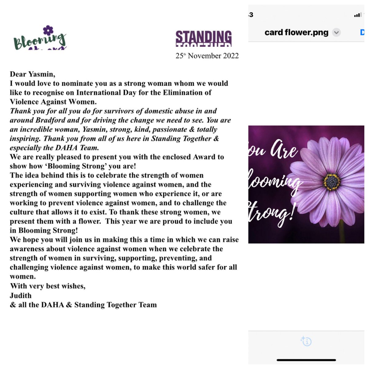 During #IDEVAW2022 I am pleased to receive this Blooming Strong nomination from the fabulous @judith_vickress 
@STagainstDA_  @DAHAlliance thanks😊 its a great way to end my week. This recognition is for all the amazing women leaders & our allies in our effort to #EVAWG #16days
