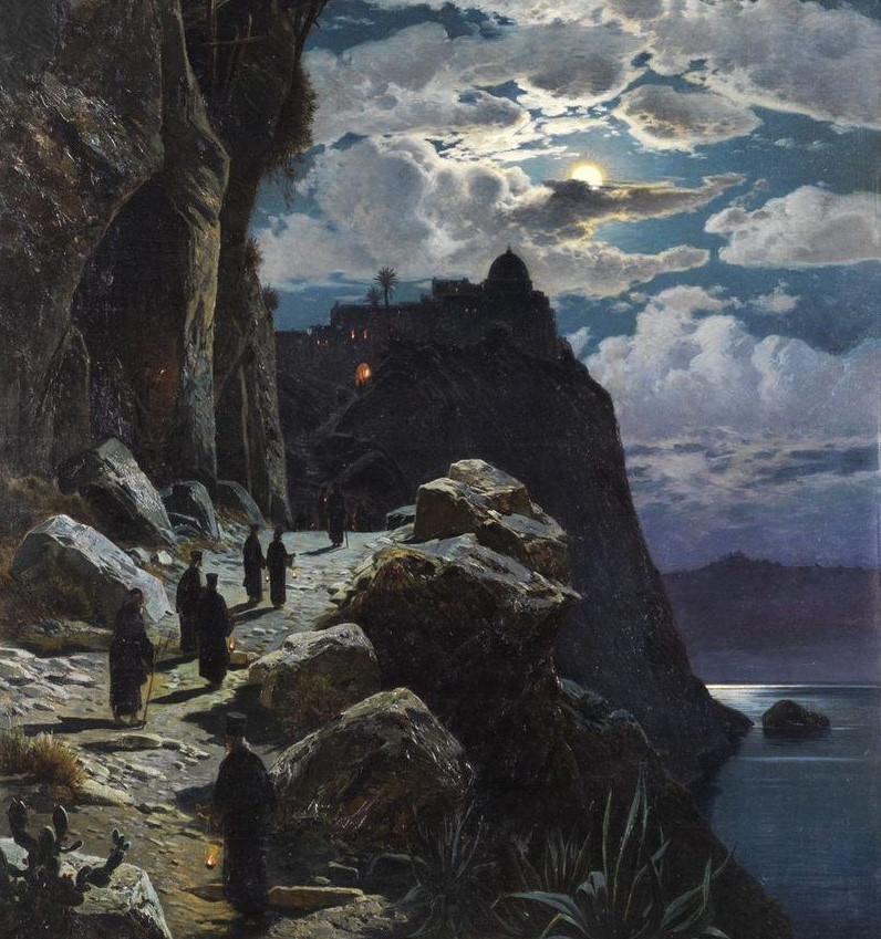ghostofhellas's tweet photo. Hermann Corrodi (1844 - 1905) Nightly Walk of the Monks to the Mount Athos, 1905, Oil on canvas, 232 x 130 cm, Private Collection. https://t.co/n91jlx06My