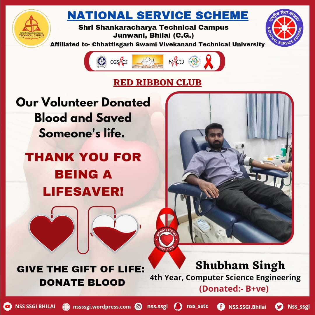 Nss_ssgi's tweet photo. Jai Hind 🇮🇳
Shubham Singh from CSE Branch , 7th Sem, #volunteer of @Nss_ssgi donated B+ve blood in #SSIMS, Bhilai under banner of #RedRibbonClub.
Little efforts can save lives.
#donateblood
@YASMinistry
@NSSRDBhopal
@askabir_
@SamarendraS21
@dr_dsraghu
@nsscsvtuCG https://t.co/2NZcFc7Qsk