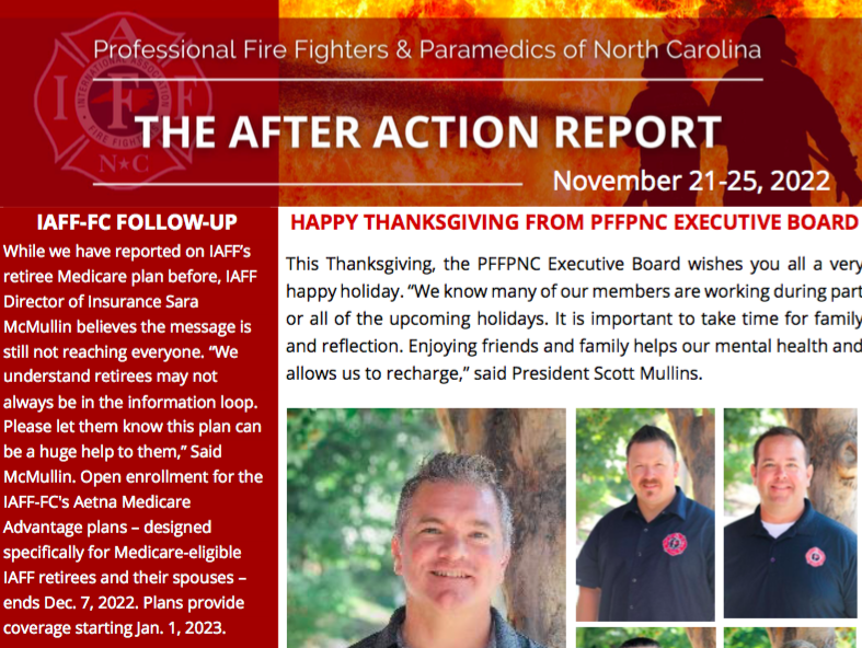 The PFFPNC e-newsletter for Nov. 21-25 is now posted and includes a special holiday message from your PFFPNC e-board, as well as a follow up on the IAFF-FC's retirement plan and how you can learn more and enroll.

READ: pffpnc.org/newsletters/
