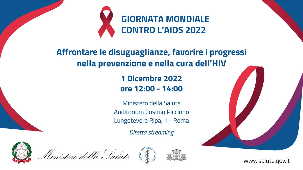 MinisteroSalute's tweet photo. 🗓️📌#1dicembre SAVE THE DATE
Segui in diretta l'evento "Affrontare le disuguaglianze, favorire i progressi nella prevenzione e nella cura dell’#HIV" per il #WorldAIDSDay

👉https://t.co/NHp1E2VBTb https://t.co/UfsRnOwvUR