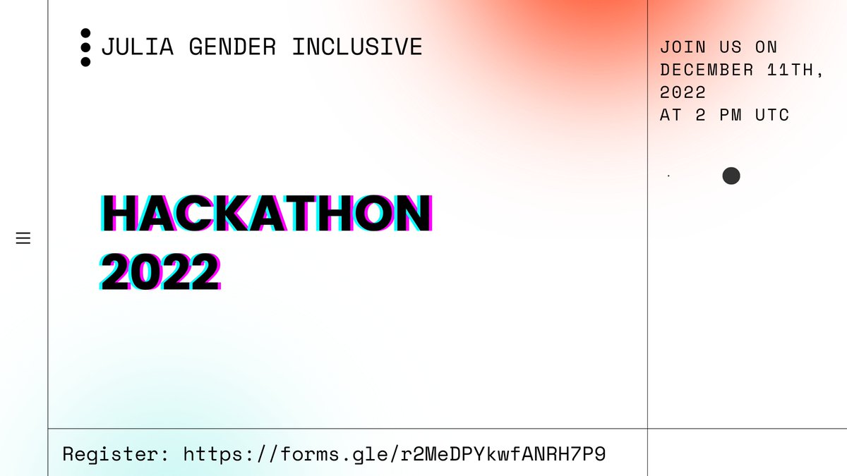 juliainclusive's tweet photo. Exciting news: Julia Gender Inclusive is organizing an online hackathon on Sunday, 11th December!💻🎉

If your gender is under-represented within the @JuliaLanguage community, then sign up to participate here: https://t.co/ekhSDf9U2Q https://t.co/Ys9ylHuoal