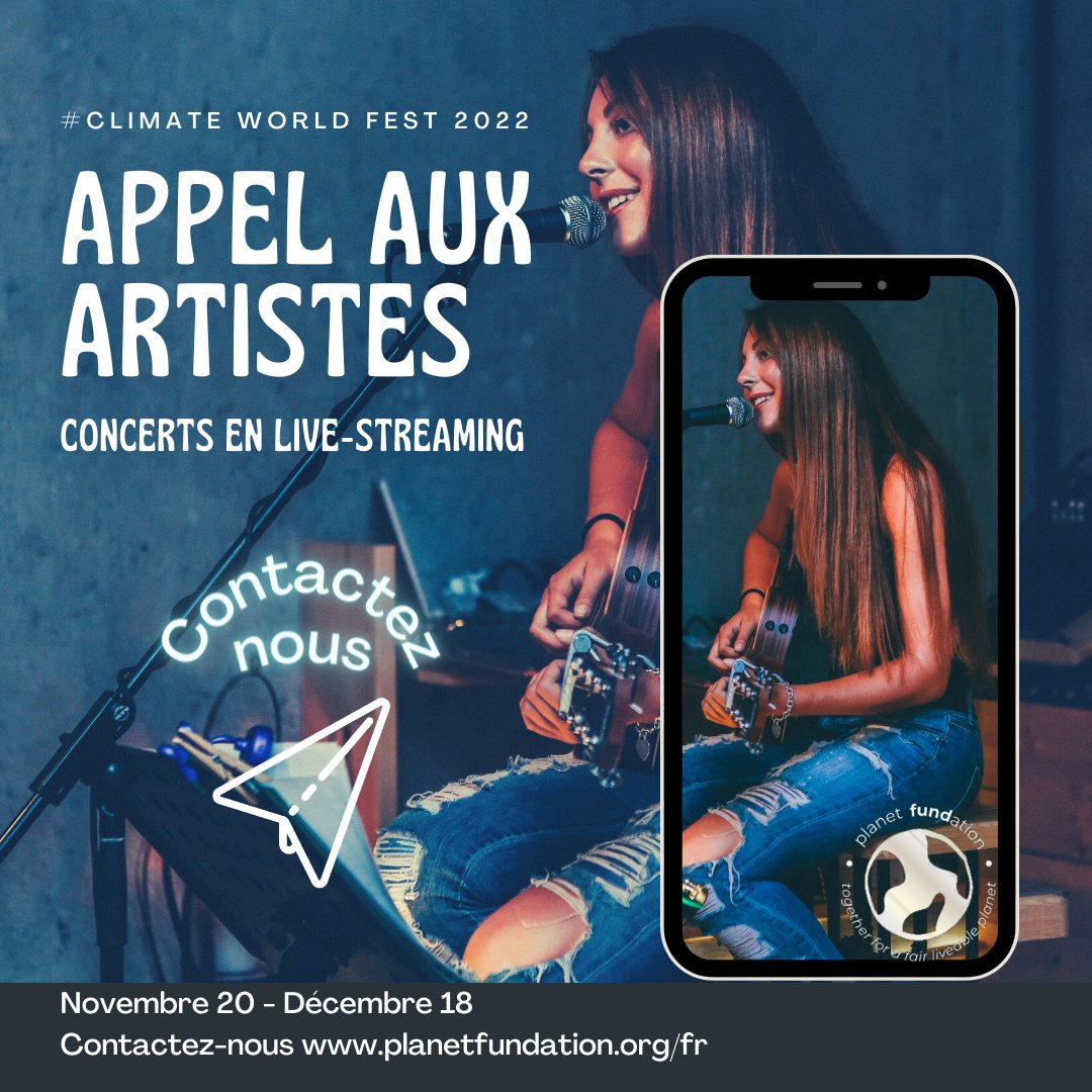 planetfundation's tweet photo. Appel aux artistes! Partagez-nous vos talents pendant des mini-concerts live sur les réseaux sociaux! Contactez-nous rapidement https://t.co/hgMiOvA5n6 #concert #musique #chanson #danse #live #solidarité #précarité #énergie #lutteprécarité #ClimateAction #ActNow #ClimateWorldFest https://t.co/8jd2xFaDNI
