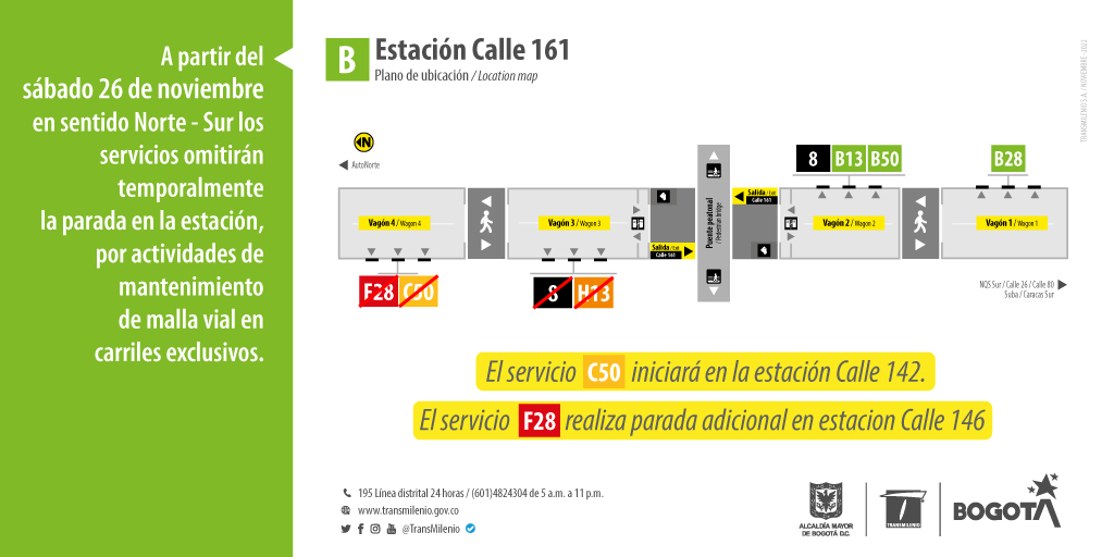 ¡Atención usuarios del componente troncal!

Desde este sábado 26 de noviembre, algunos servicios omitirán su parada en sentido norte-sur por actividades de mantenimiento en la malla vial. 

Conoce más aquí: transmilenio.gov.co/publicaciones/…