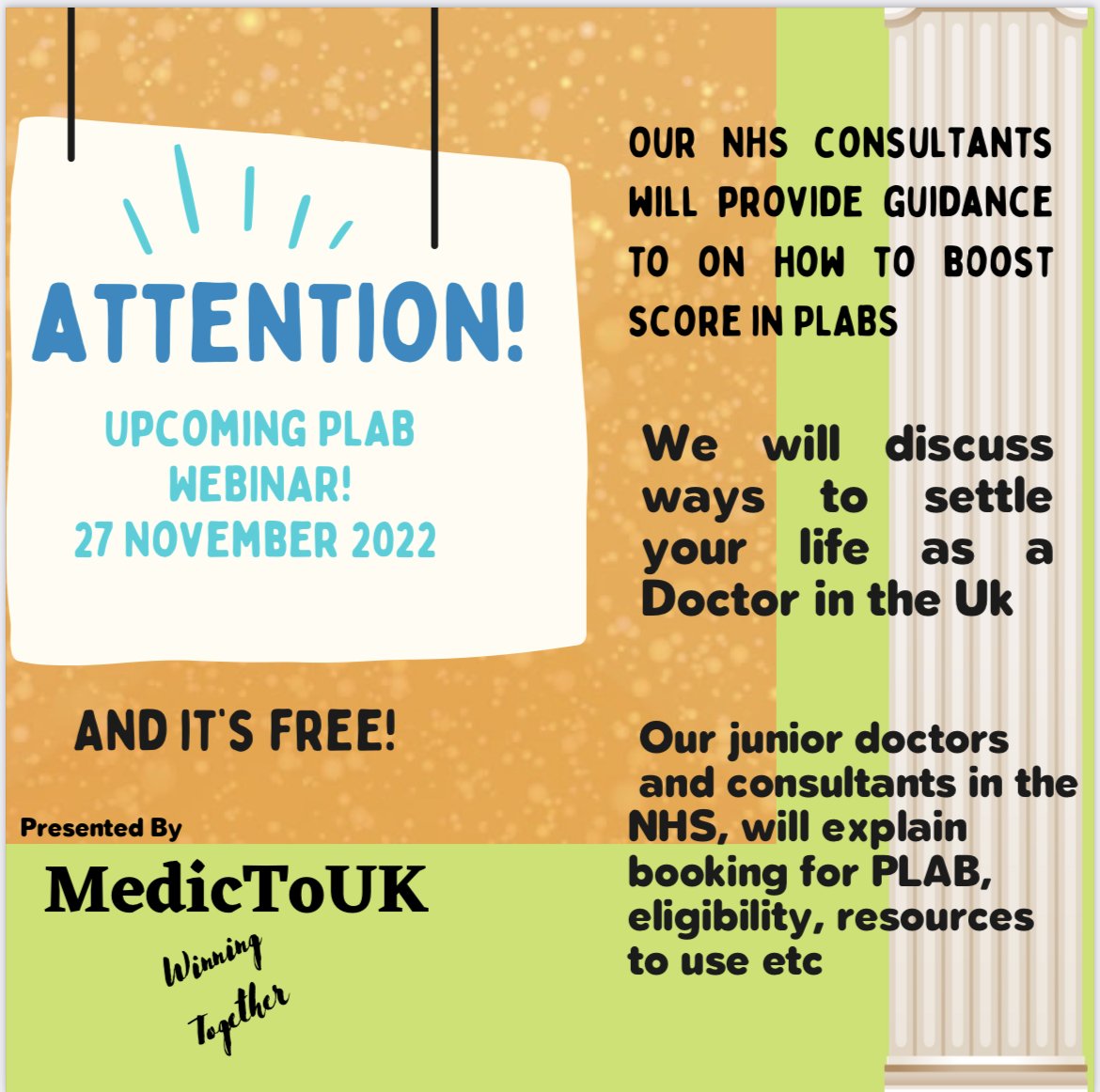 Less than 24 hours left for the PLAB Free Webinar, what are you waiting for!! book your place 👏🏽
Link for attending the webinar:
eventbrite.co.uk/e/plab-medicto…

- If you are a PLAB aspirant, then you can join our WhatsApp group for support and further resources
chat.whatsapp.com/Ek7vsaj6FpMCX7…