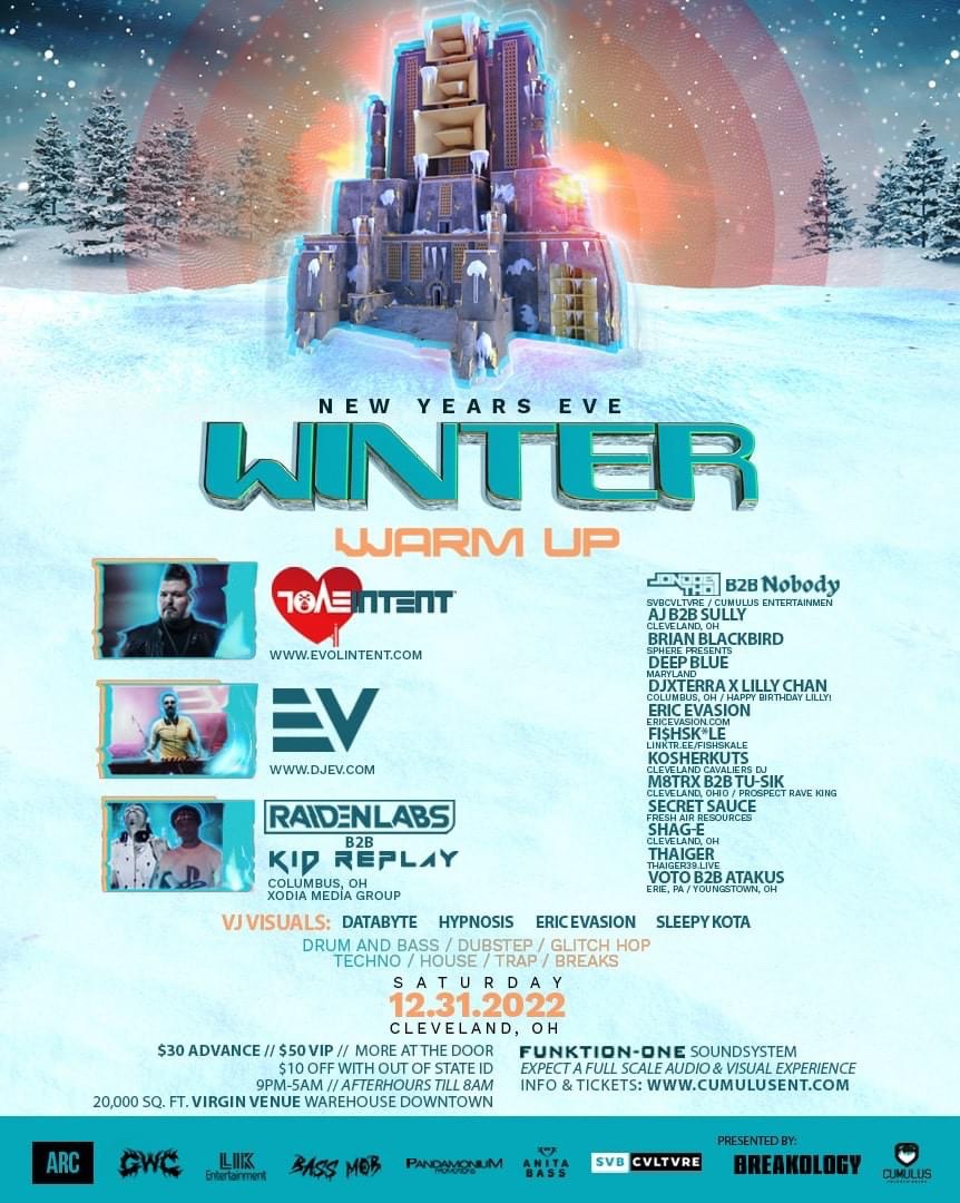 Get ready to heat things up again! Winter Warm Up celebrates its 11th anniversary with Evol Intent, E-V, and many more on NYE Saturday, December 31st, 2022!

Winter Warm Up

Tickets are on sale at cumulusent.com 
#rave #bassmusic #dnb #housemusic