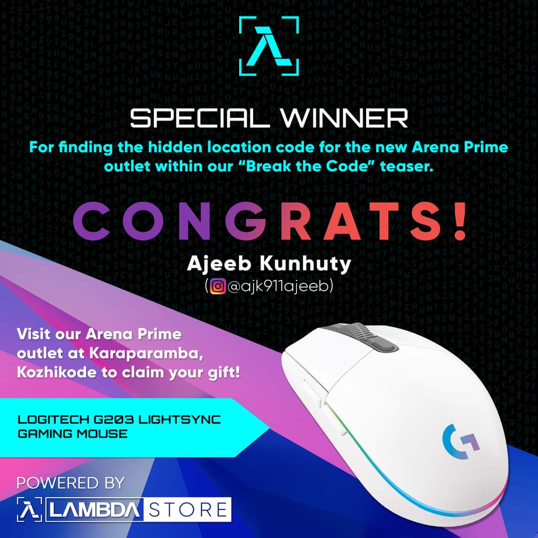 lambda_gaming's tweet photo. Congrats to Ajeeb (IG: @ajk911ajeeb) for finding our new Arena Prime outlet location code hidden in our "Break the Code" teaser post! 👍
Enjoy your gift! 🖱
#LambdaGaming #LambdaStore #NewBeginnings #ArenaPrime #Esports #Calicut #DefineYourGame https://t.co/XJwB8BP96D