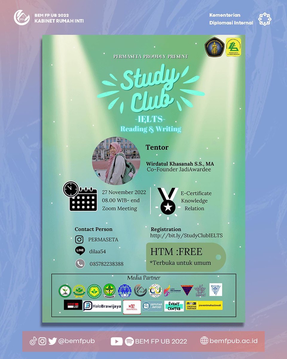✨(STUDY CLUB IELTS PERMASETA)✨
 
Hai, semuanyaa👋
Ada yang baru niihh!! yaitu STUDY CLUB IELTS 2022 🤩
 
Link Pendaftaran:
bit.ly/StudyClubIELTS