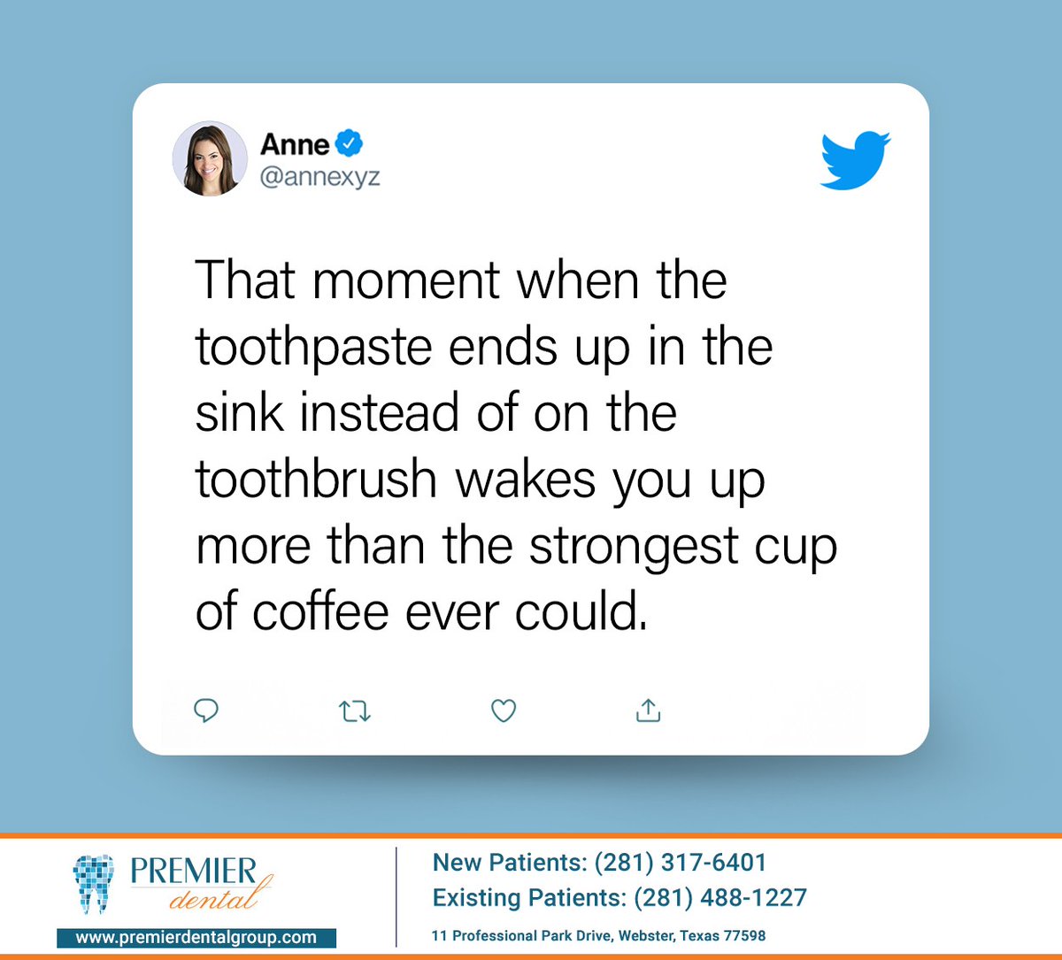 PremierDentalCL's tweet photo. Who else hates when this happens? What other early morning mistakes guaranteed to wake you up quickly? #dentaljokes #premierdental #mauriciorodriguezdds #webster #TX https://t.co/7uakzr3raM