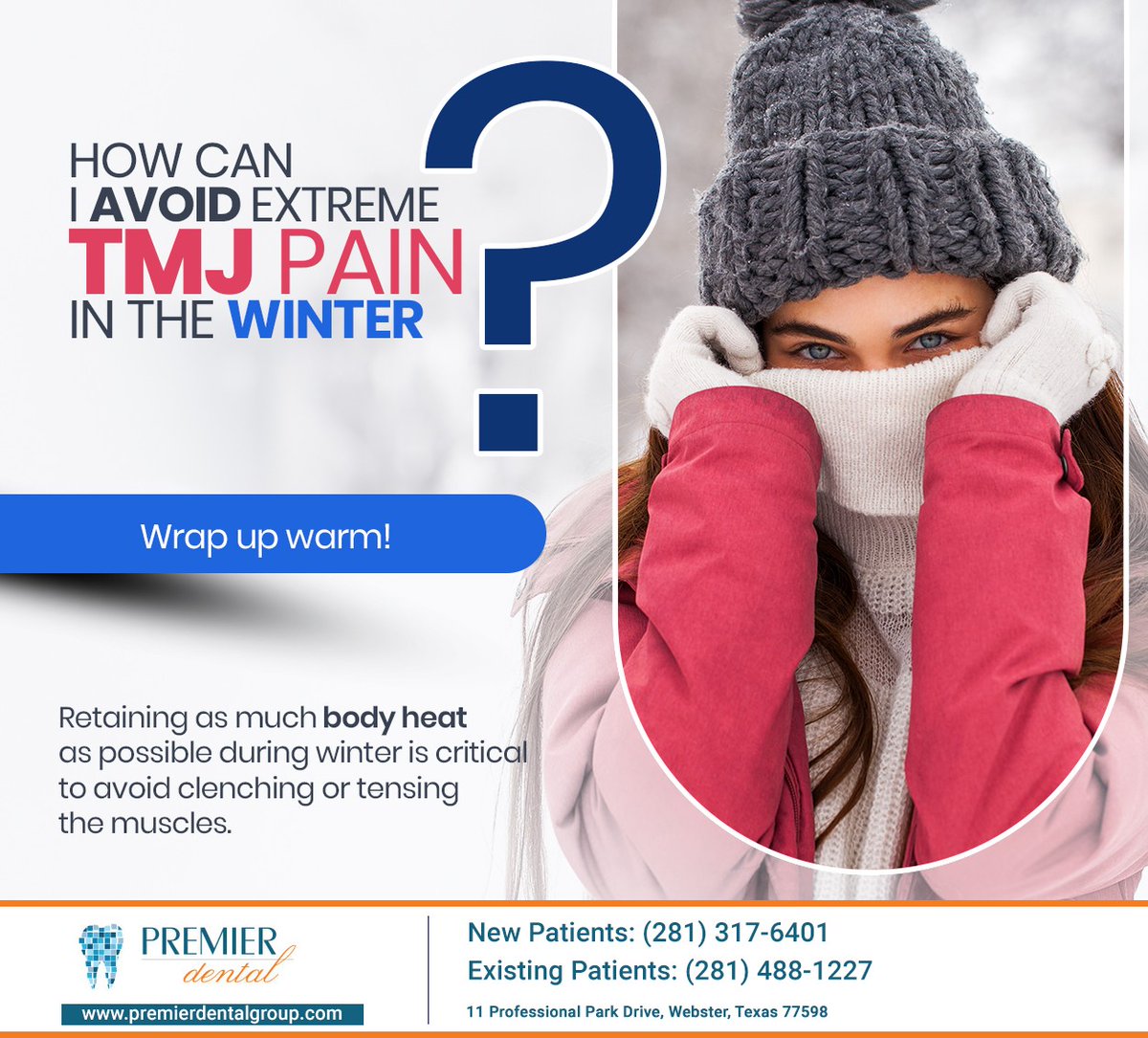 PremierDentalCL's tweet photo. When it is warm outside, the joints are naturally loose, whereas when it is cold outside, the muscles tighten, tremble, and contract to keep the body warm. This causes additional #TMJdiscomfort #tmjandwinte #premierdental #mauriciorodriguezdds #webster #TX https://t.co/mxolPIgI6P