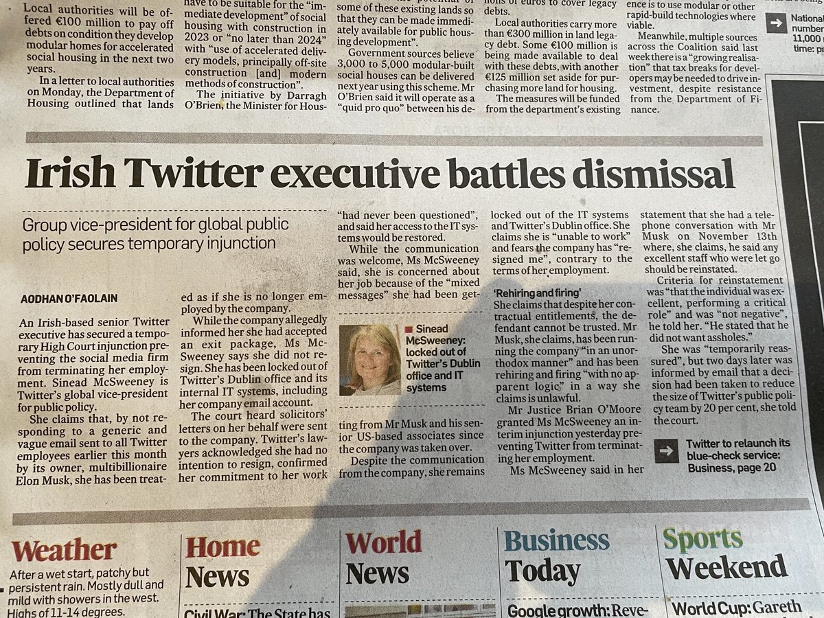 ivorytowerjourn's tweet photo. A senior exec of Irish Twitter Sinead McSweeney secures High Court injunction preventing firm from terminating her employment - in the meantime she’s locked out of her office and email, by ⁦@IrishTimes⁩ https://t.co/BkZkaaaKmy