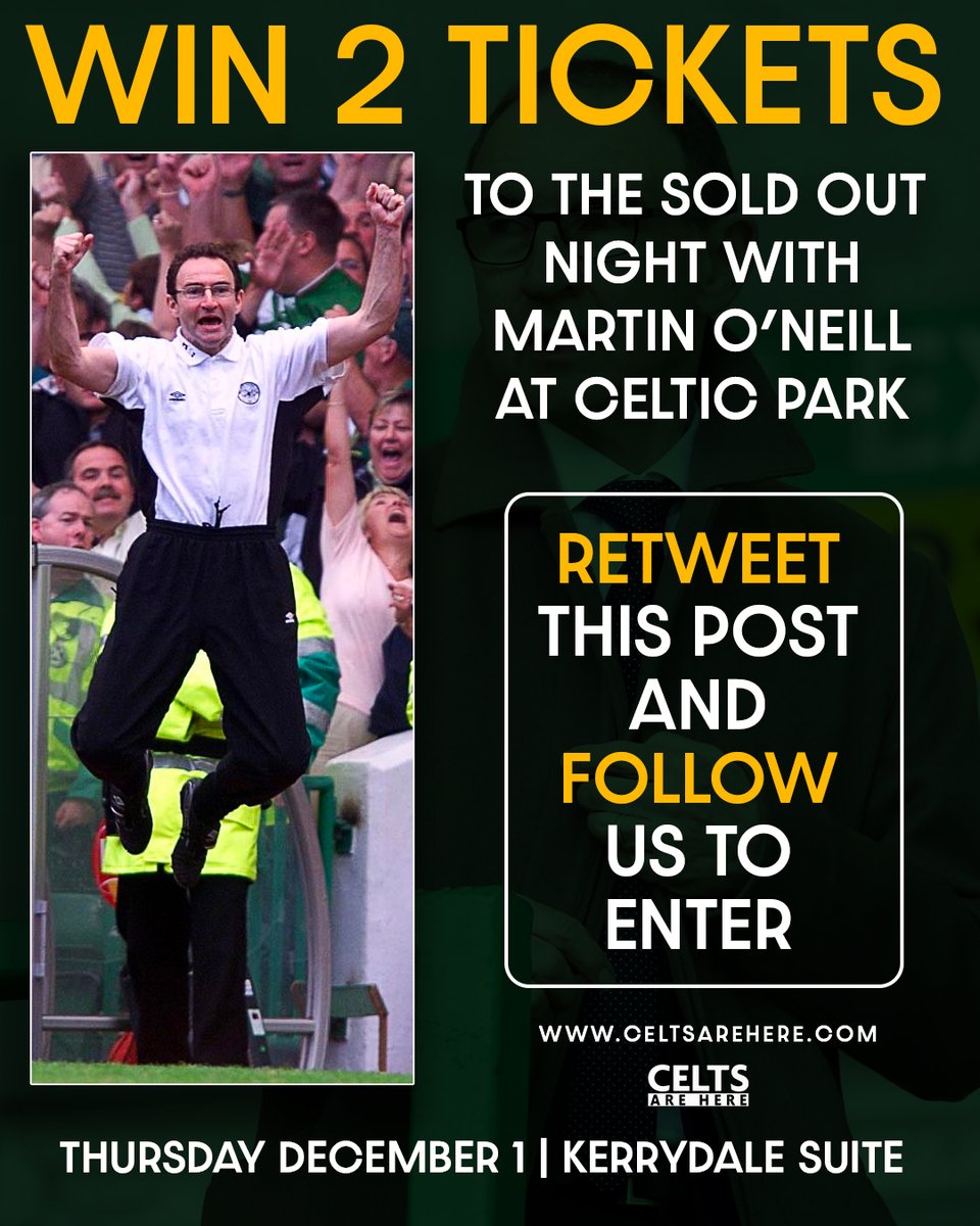 🚨GIVEAWAY🚨

We are giving away TWO pairs of tickets to a Night with Martin O'Neill at Celtic Park THIS THURSDAY to thank all our followers.

To enter, RT this post and make sure you're following us! 

We'll pick two lucky winners on Monday!