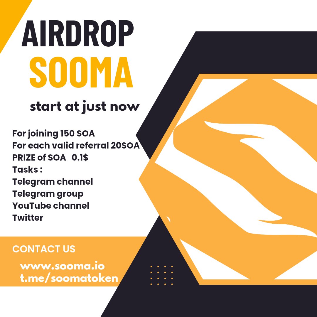 nftversoz's tweet photo. Please share our Airdrop with your friends

Telegram channel
https://t.co/5oMkeUfAmh
Telegram group
https://t.co/KoSdjD8xIh
Airdrop
https://t.co/ZLCD1gekPB
Twitter
https://t.co/Dfb9UAkXBt
Website 
https://t.co/sXZ2kC9Bxj

#Airdrop #ICO
#SOOMA
#DeFi
#binance
#CoinMarketCap
#BTC https://t.co/EluTY63wNF
