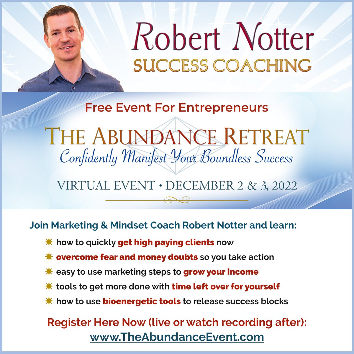matchmyspirit's tweet photo. Free Join 2 day Virtual Coaching Event!
Join our friend and coach Robert Notter. 
December 2-3
https://t.co/G2tpxkZek0 https://t.co/icTbdubr3b