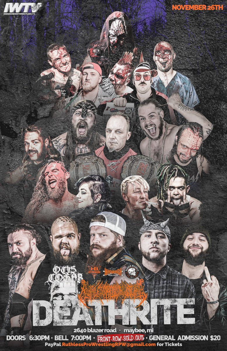 RuthlessPro419's tweet photo. ⏰ GET UP!! IT’S SHOW DAY!!
PRE-SALE FOR TICKETS IS OFFICIALLY CLOSED BUT WE WILL HAVE TICKETS AT THE DOOR SO COME ON OUT!
RUTHLESS PRO WRESTLING PRESENTS
#DEATHRITE
11/26/22 ⚰️ MAYBEE,MI
SPONSORED BY
@HyperionBelts
@DMWWofficial
@DarrenMcCarty4 Premium Cannabis Products https://t.co/ke1N8siGVq