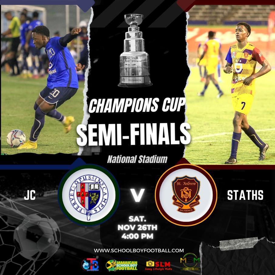McNameeSports's tweet photo. The Champions Cup semi-finals are here!
Venue: National Stadium
#schoolboyfootball #jamaica #kc #staths #jc #clarendoncollege https://t.co/0D0fY0NFLX