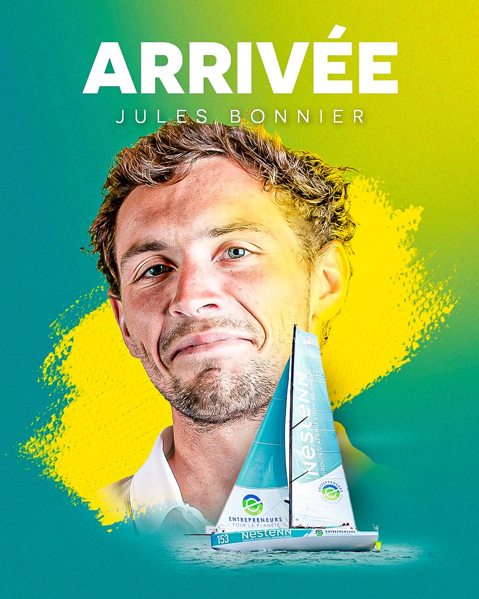 RouteDuRhum's tweet photo. [(ARRIVÉE @AssoClass40🏁)]

Jules BONNIER / Nestenn - Entrepreneurs pour la Planète vient de franchir la ligne d'arrivée de la #RDR2022 à la 17ème place du classement de la 
@AssoClass40 après 17 jours 55mn et 50 sec de course https://t.co/wFxIhDMe6z