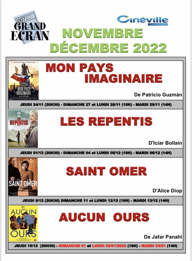 GrandEcranCC's tweet photo. Au programme :
#MonPaysImaginaire 
#LesRepentis
#SaintOmer
#AucunOurs

#Concarneau
⁦@CinevilleCeltic⁩ https://t.co/FC9bCDIeqy