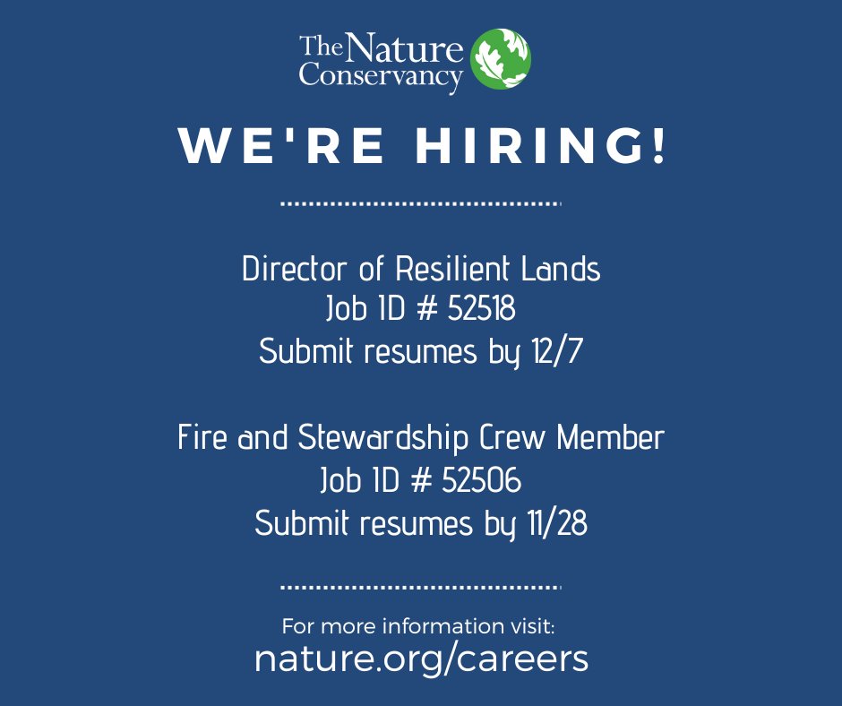 Join TNC's team in Missouri! For more information, go to nature.org/careers and use the corresponding job ID numbers.

Director of Resilient Lands | Job ID # 52518

Fire and Stewardship Crew Member | Job ID # 52506
