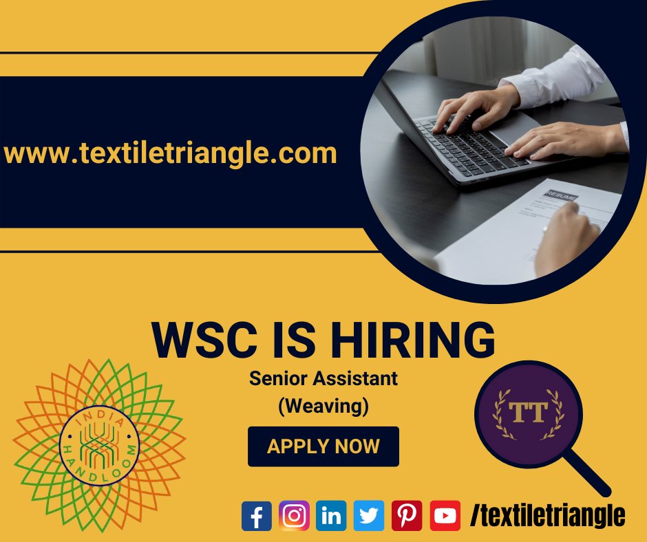 TextileTriangle's tweet photo. Weavers Service Centre, hiring Textile Diploma Holders for role of Senior Assistant Weaving.
Read More About this job: https://t.co/bRLOPLz87b
#textiletriangle #textilejobs #jobalert #hiring #applynow #career #textile #job #weavingjob #textileministry #wsc #weaversservicecentre https://t.co/36rJlyDGGb