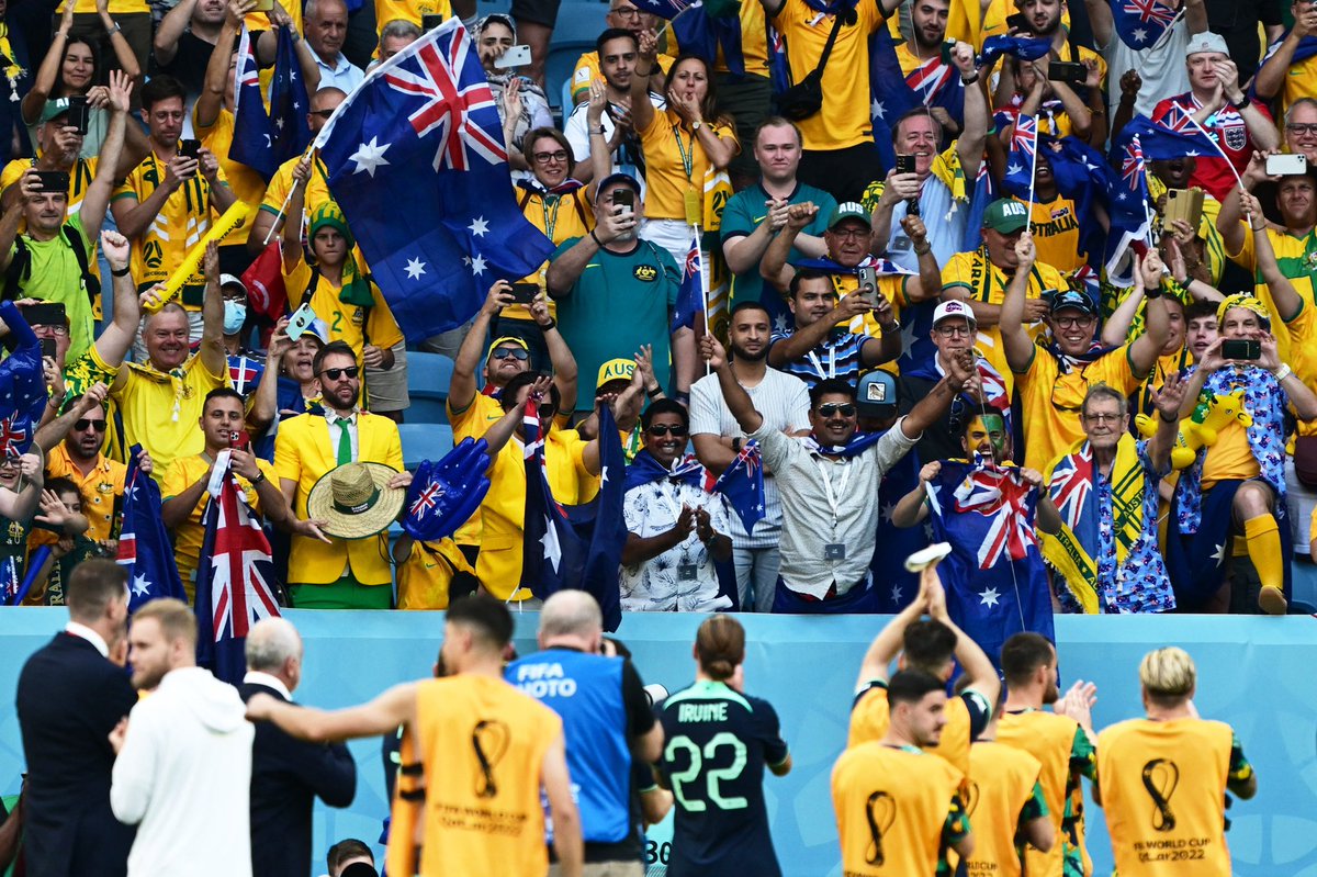 Socceroos's tweet photo. To our Aussies abroad and at home, 

Thank you for the incredible support. 💚💛

That was for you, enjoy the moment 🙌

#GiveIt100 #Socceroos #FIFAWorldCup https://t.co/NsWa68sWsH