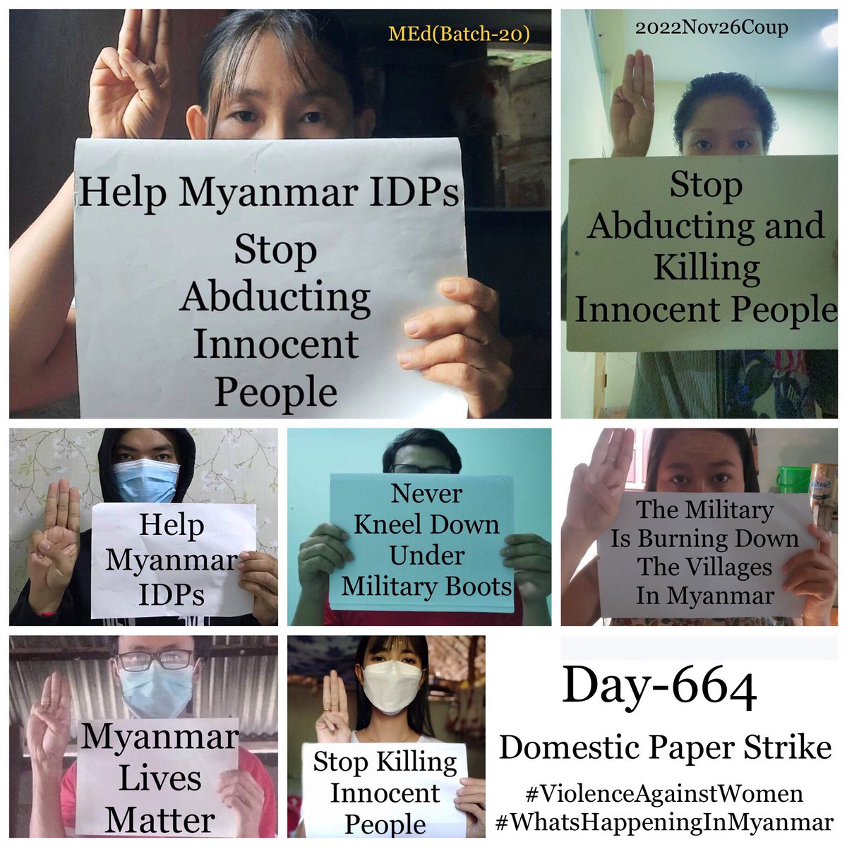 Daily anti-coup revolutionary domestic strike by pro-democracy CDMer teachers from Sagaing University of Education.

#2022Nov26Coup #16DaysofActivism2022 #ViolenceAgainstWomen #WhatsHappeningInMyanmar