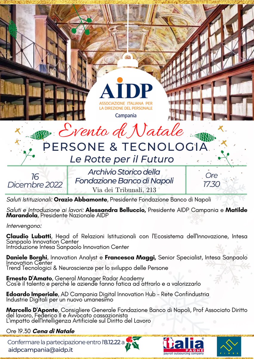 #aidpcampania presenta convegno e cena di #Natale nell’#archiviostorico della Fondazione del Banco di Napoli.
#persone #tecnologia