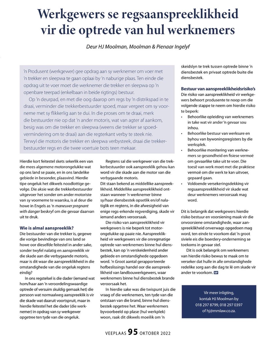 MoolmanPienaar's tweet photo. Employers’ liability for the actions of their employees 

Werkgewers se aanspreeklikheid vir die optrede van hul werknemers https://t.co/uyljCTG3IQ