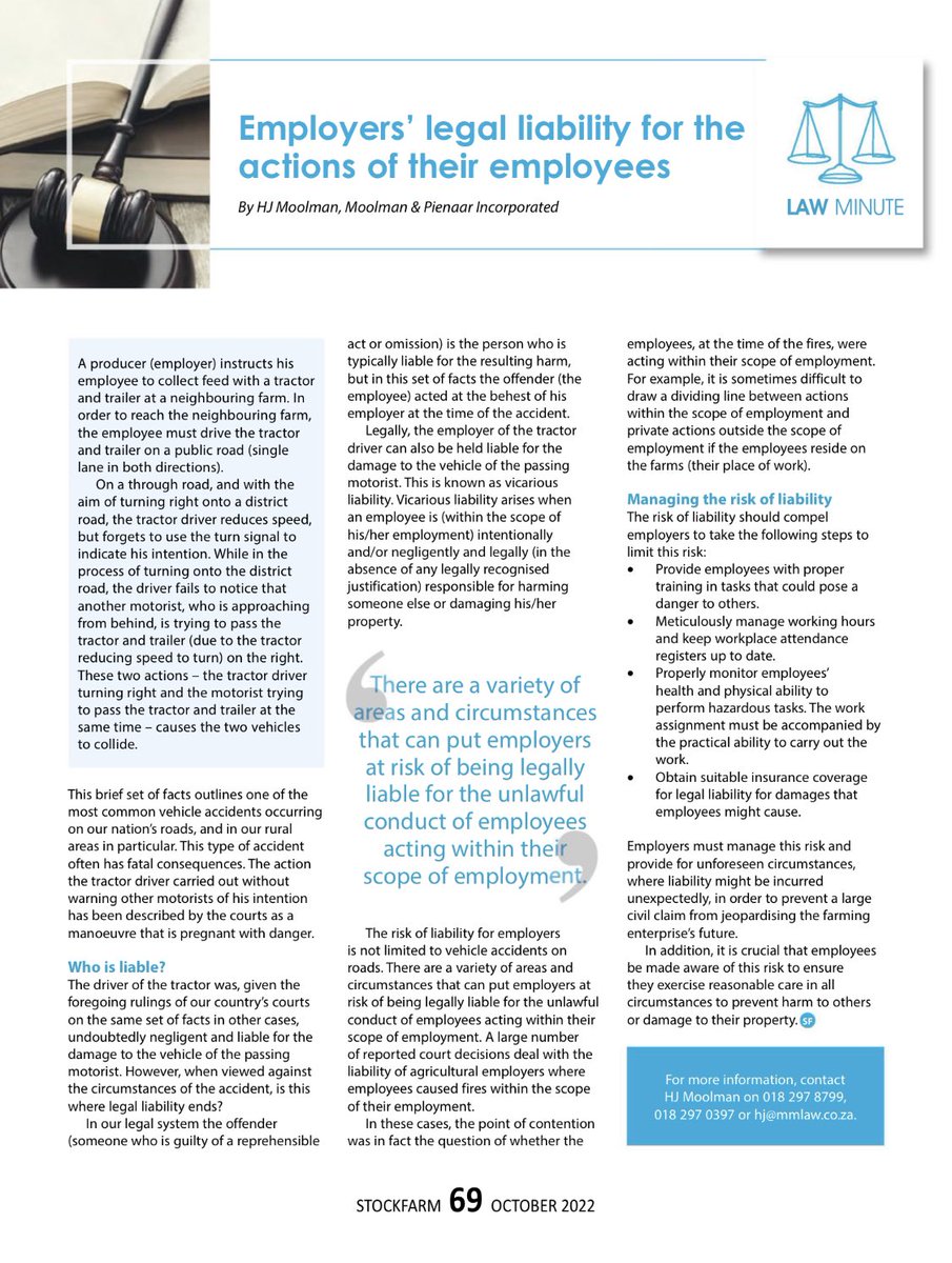 MoolmanPienaar's tweet photo. Employers’ liability for the actions of their employees 

Werkgewers se aanspreeklikheid vir die optrede van hul werknemers https://t.co/uyljCTG3IQ