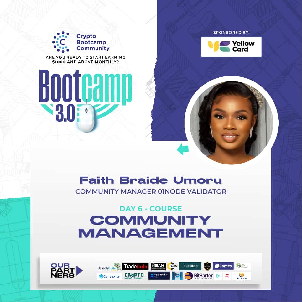 EmmanuelAjao2's tweet photo. It's day 6 🤯🤪🤪
Can't wait to listen to the best tutors @_CryptoBootcamp has put in place to take a course on community management.
@DebbieEmuobo
@BlockchainTeens
@iwuno_obinna
@yellowcard_app
#bootcamp3
#cryptobootcamp https://t.co/M37rUEoDsm