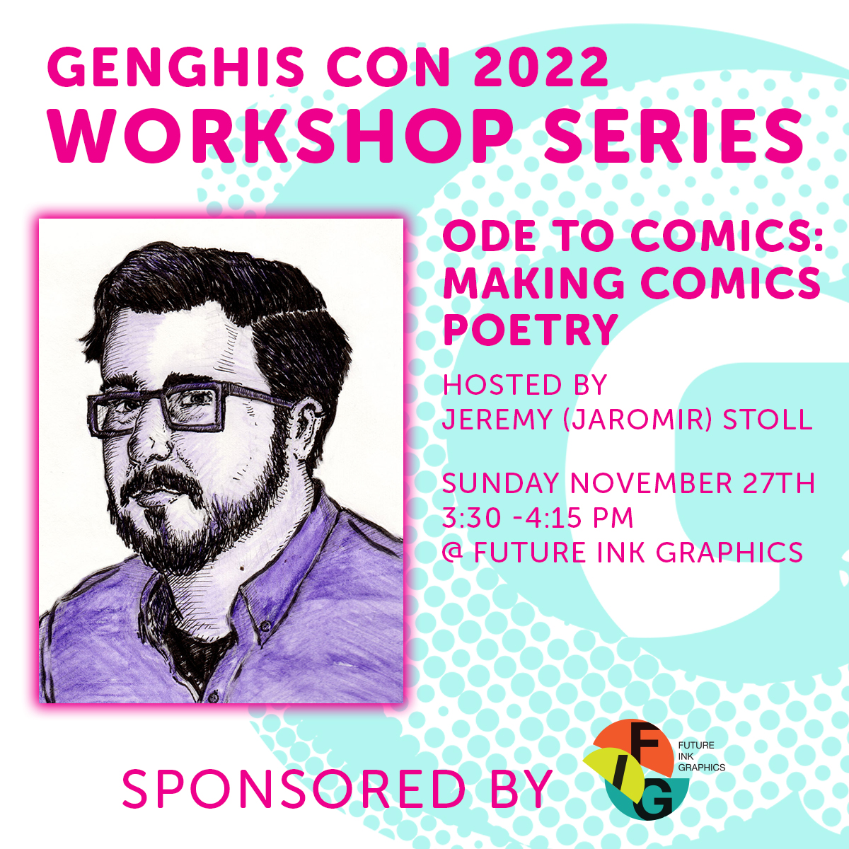 GenghisConCle's tweet photo. We have one last workshop to highlight before the show tomorrow! Last up on the lineup in the Future Ink Graphics space will be "Ode to Comics: Making Comics Poetry" at 3:30 pm hosted by Dr. Jeremy (Jaromir) Stoll!

Join us TOMORROW at the Pivot Center 12-5pm! https://t.co/LO4AezqkLw