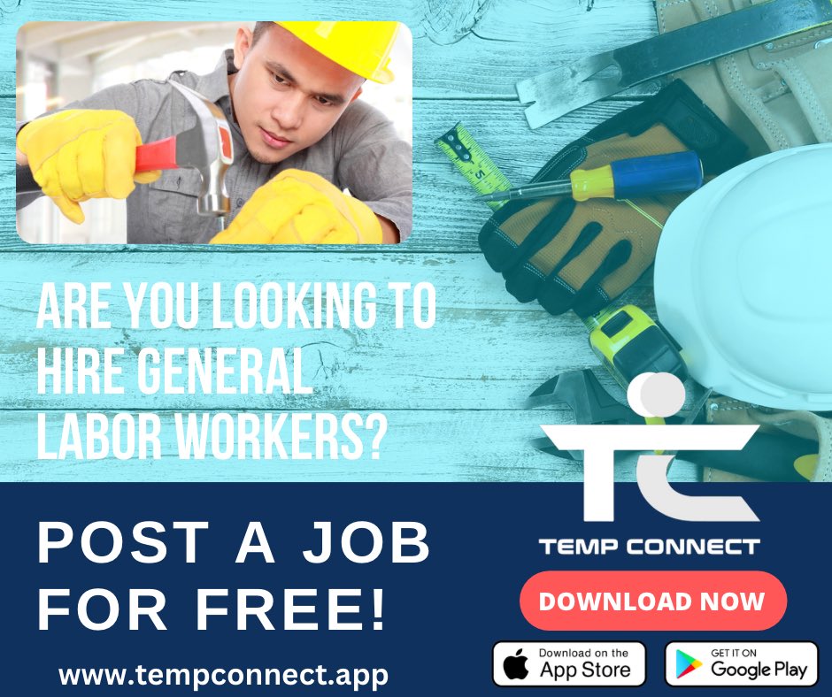 Are you looking to hire a Contractor or Labor worker? Post job openings for free with Temp Connect. 

#laborworkers, #laborjobs, #labor, #contractor, #contractorlife, #contractorjobs, #Hiring, #jobs, #temp, #parttime, #fulltime, #Workforce, #career, #hiringnow,