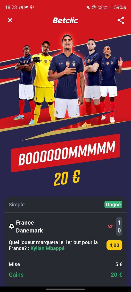 tomchbt's tweet photo. @Betclic C'est une blague votre truc @Betclic  j'ai parié mbappe 1er buteur mais je n'ai pas reçu la somme à partager des 100k euros juste parce que mbappe n'apparaît pas à la place de varane ??? https://t.co/49945JRNbn