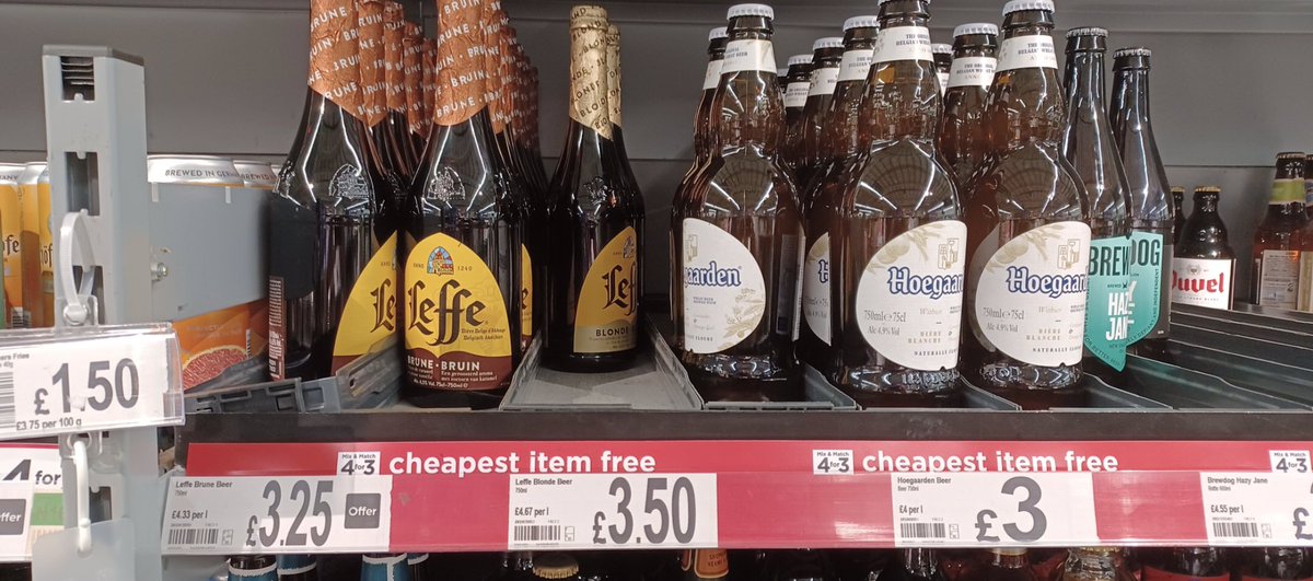 AnfLizi's tweet photo. @asda @AsdaServiceTeam Check your receipt. All these beers. ‘4 for 3 cheapest FREE’ yes? Well no. 4 for 4 for all except the Leffe Bruin. Only if the white price sticker has a black square with the word OFFER is it 4 for 3. I reckon ASDA have duped me out of £30 over the months… https://t.co/yr4S5ae3Y6