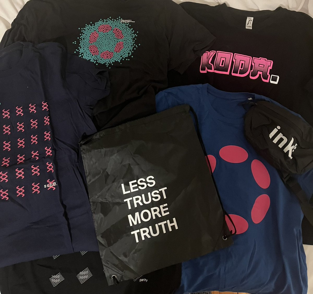 sachalansky's tweet image. Getting my favorite swag out for my favorite conference. See you at #Sub0! Looking forward to connecting with more developers building on Polkadot. 😎🌈