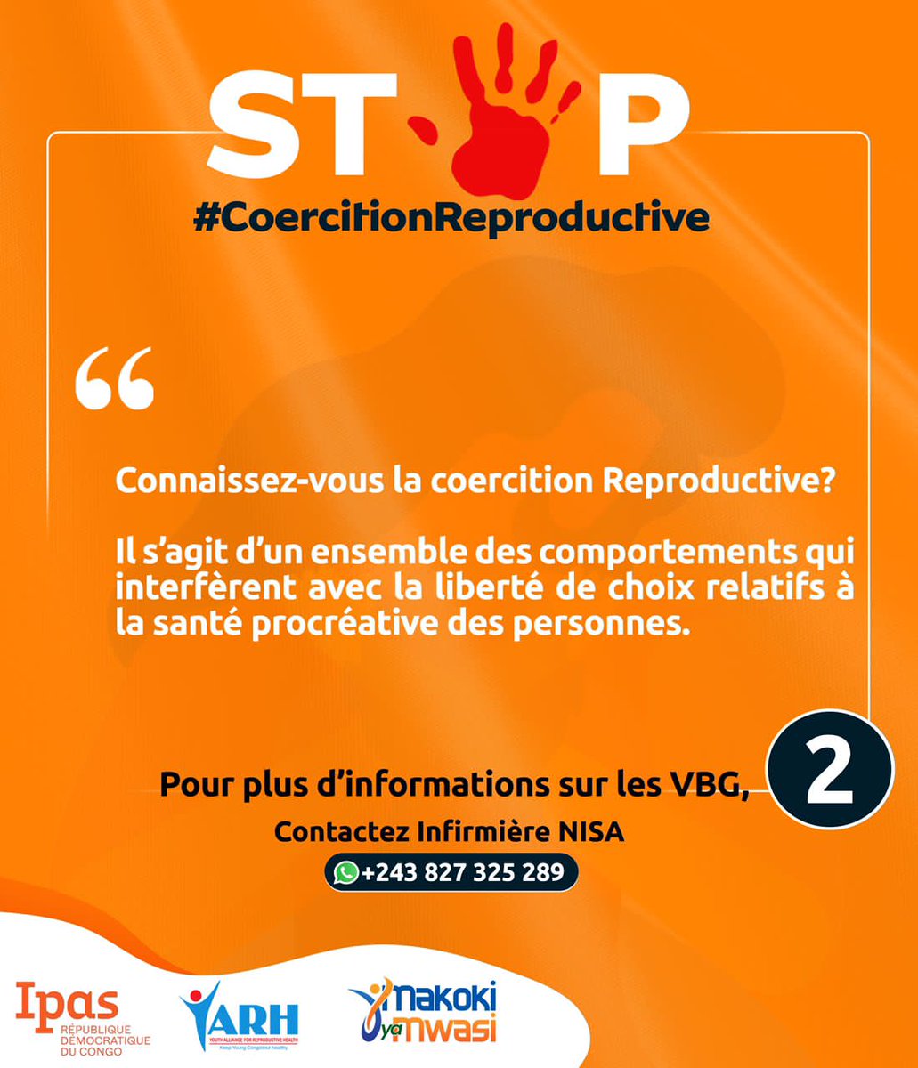 MoniqueMpabuka's tweet photo. #OrangezLemonde 🧡
Savez-vous qu'un partenaire qui met la pression pour que sa conjointe arrête de prendre les pilules,qui refuse d’utiliser un préservatif pendant l'acte sexuel,le sabotage de contraception constituent les formes de la  #CoercitionReproductive 
#StopVBG @IpasOrg https://t.co/zT00meQUVq