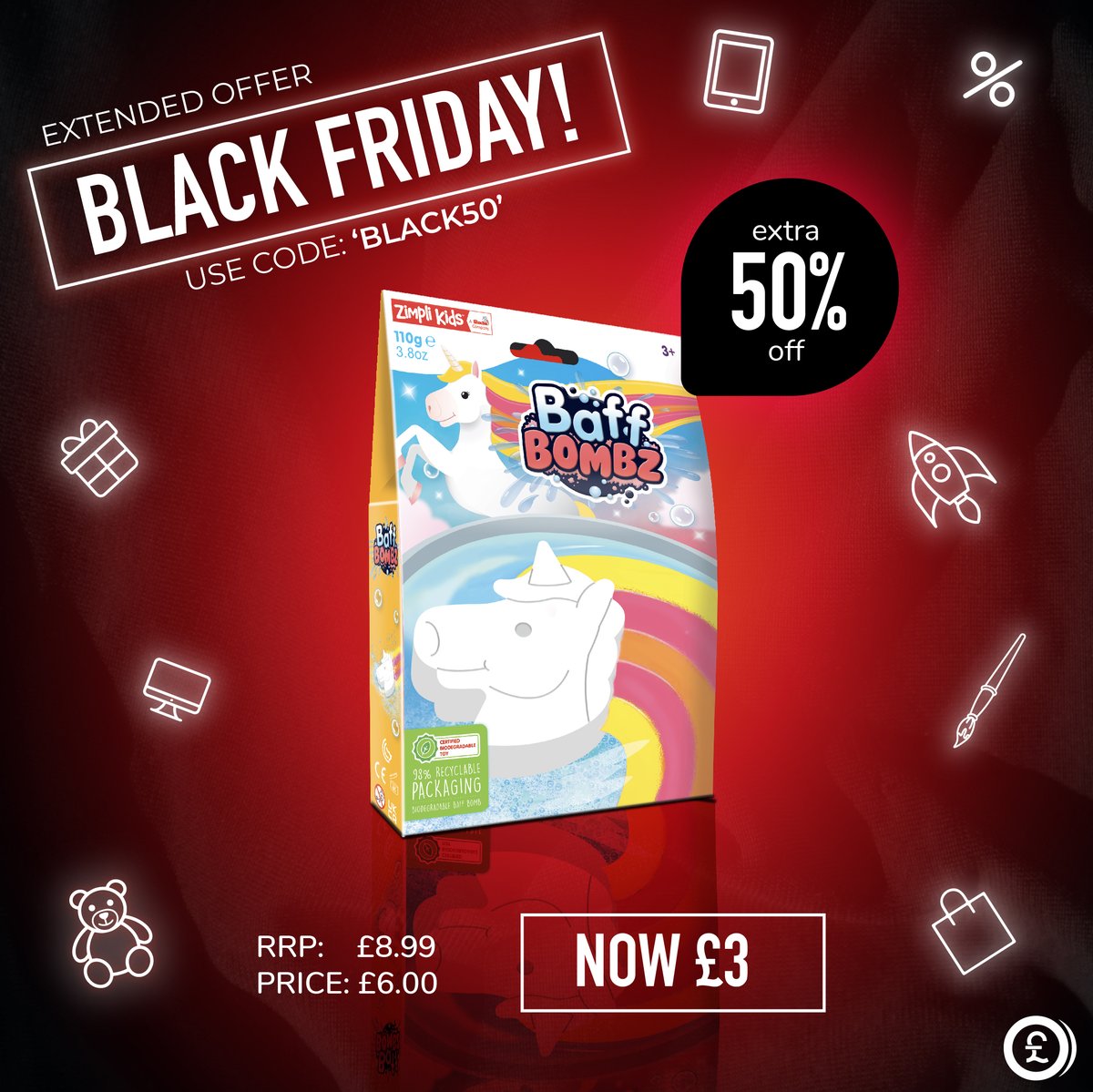 BLACK FRIDAY WEEKEND DEAL!! 🖤

We just know your little one will have lots of bath time fun with the Zimpli Unicorn Baff Bombz. With code BLACK50, you can now get this colourful bath bomb for just £3 🦄. 

Add this to your basket now! 🛍️ #BlackFriday
bit.ly/3fABYbl