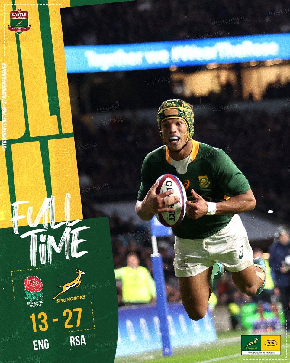 Springboks's tweet photo. That’s it, the #Springboks finish 2022 with a superb win at Twickenham, their first at the home of England rugby since 2014 🙌 
#StrongerTogether #StrongerForever #ENGvRSA #CastleOutgoingTour https://t.co/wKG8YWEN7I